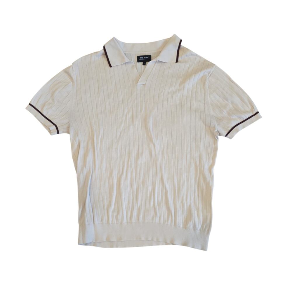 Tie Bar Ribbed Sweater Polo color is vintage Ivory, Mens Large - Picture 2 of 7